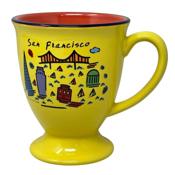 Luke A Tuke Mug San Francisco Yellow Ceramic Pedestal Red Interior 12 Oz - Picture 1 of 7